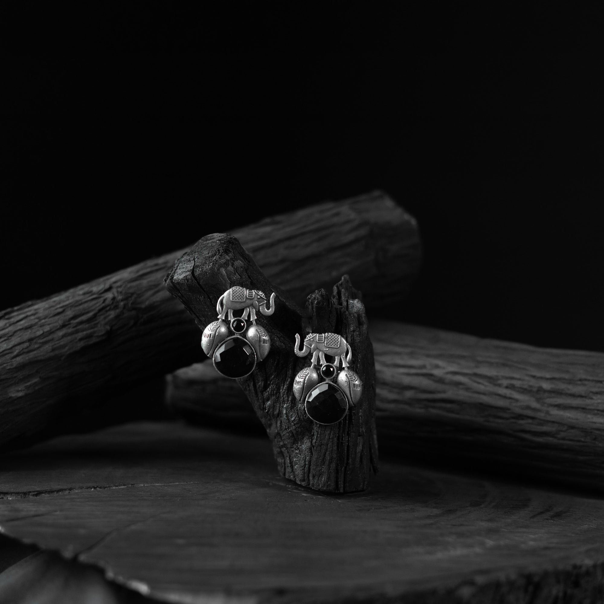 Saanjh Bela Black Elephant & Leaves Oxidised Earrings