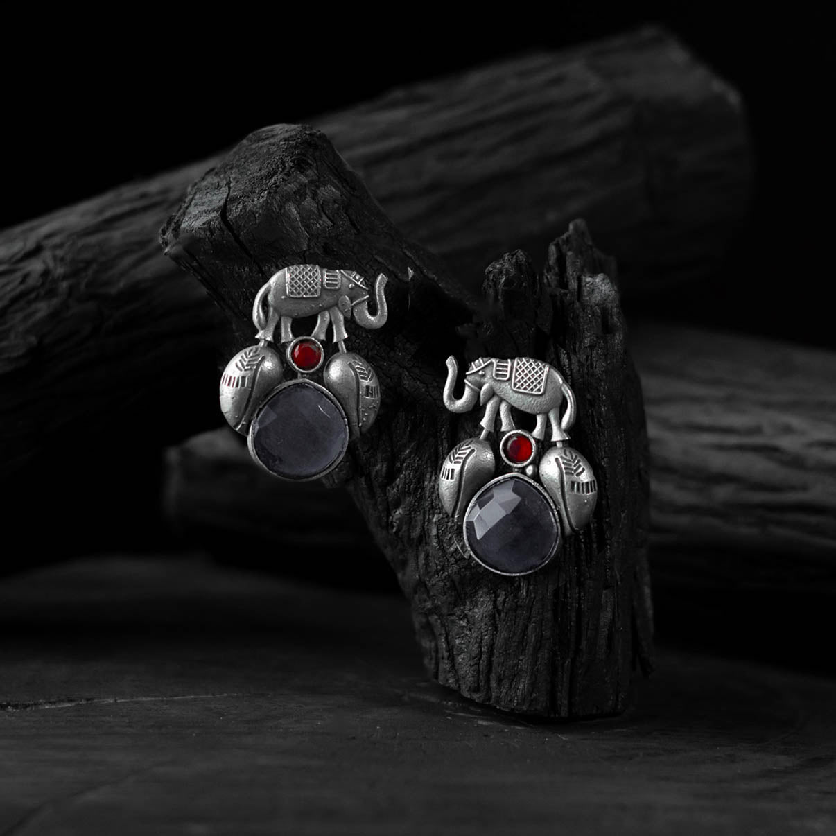 Saanjh Bela Grey Elephant & Leaves Oxidised Earrings