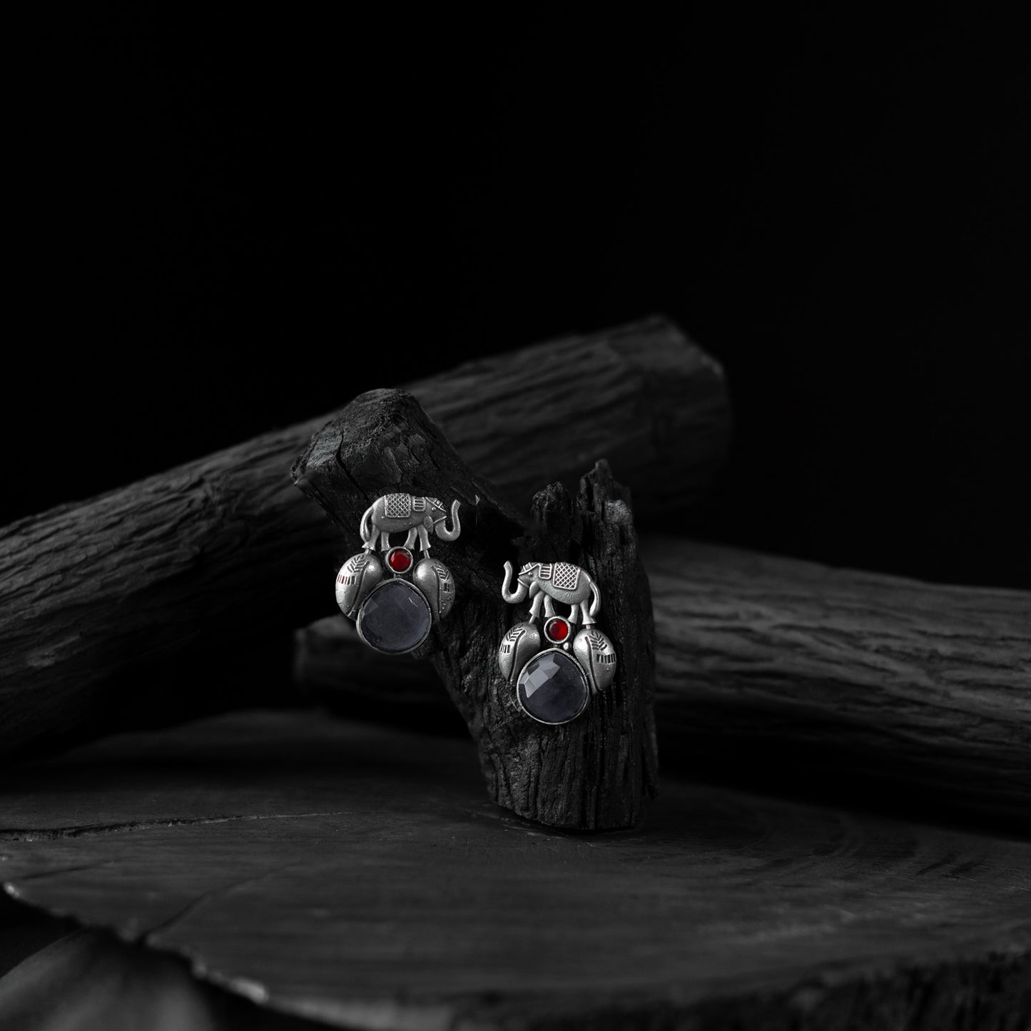 Saanjh Bela Grey Elephant & Leaves Oxidised Earrings