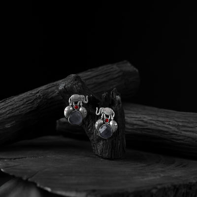 Saanjh Bela Grey Elephant & Leaves Oxidised Earrings