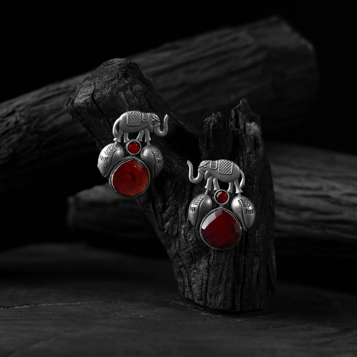 Saanjh Bela Red Elephant & Leaves Oxidised Earrings