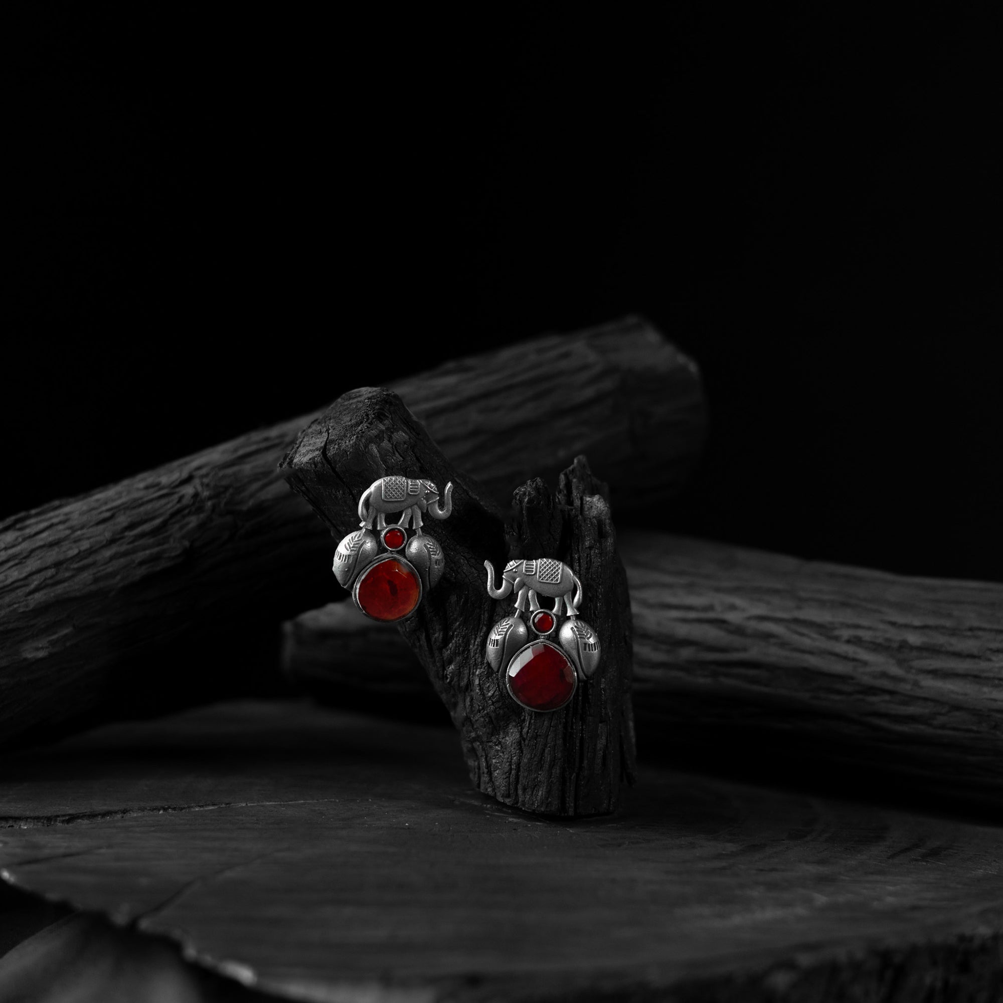 Saanjh Bela Red Elephant & Leaves Oxidised Earrings