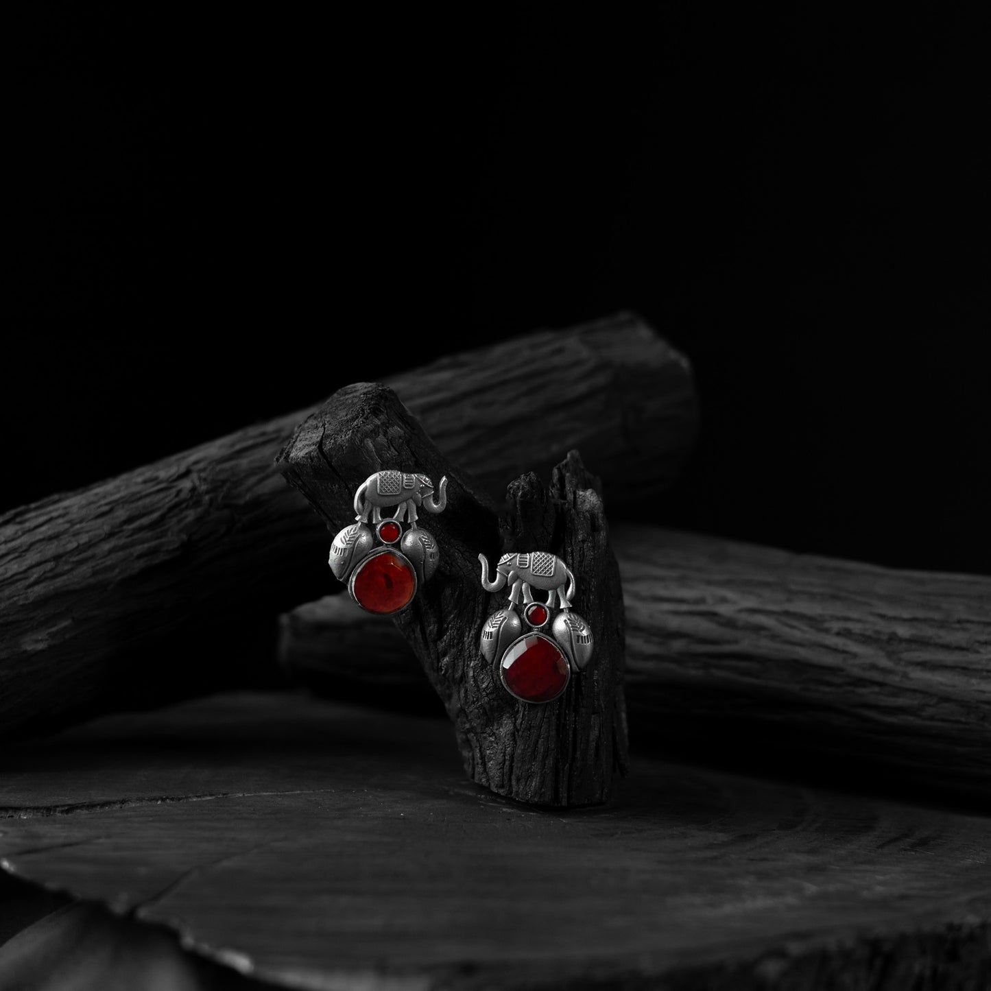 Saanjh Bela Red Elephant & Leaves Oxidised Earrings