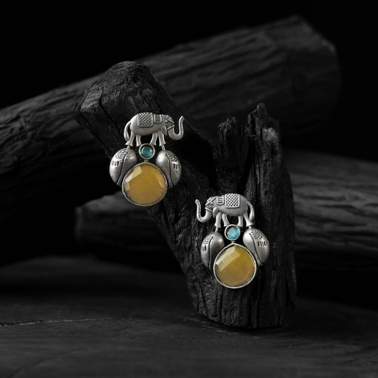 Yellow Elephant & Leaves Saanjh Bela Oxidised Earrings