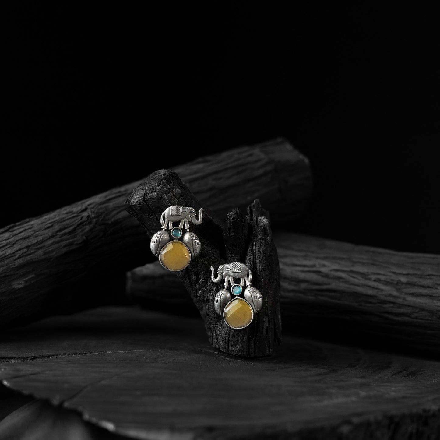 Yellow Elephant & Leaves Saanjh Bela Oxidised Earrings