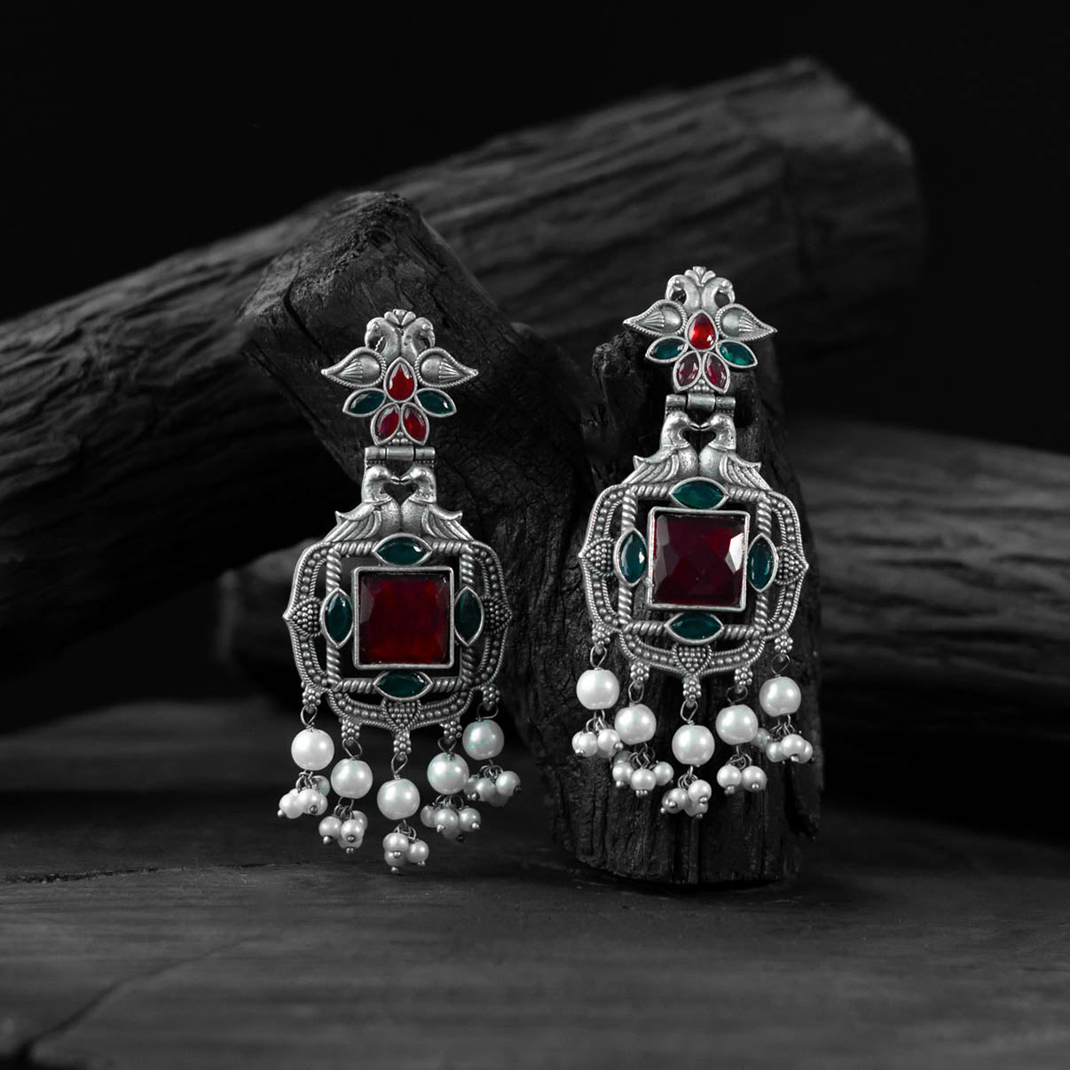 Saanjh Bela Green & Red Swan Oxidised Earrings