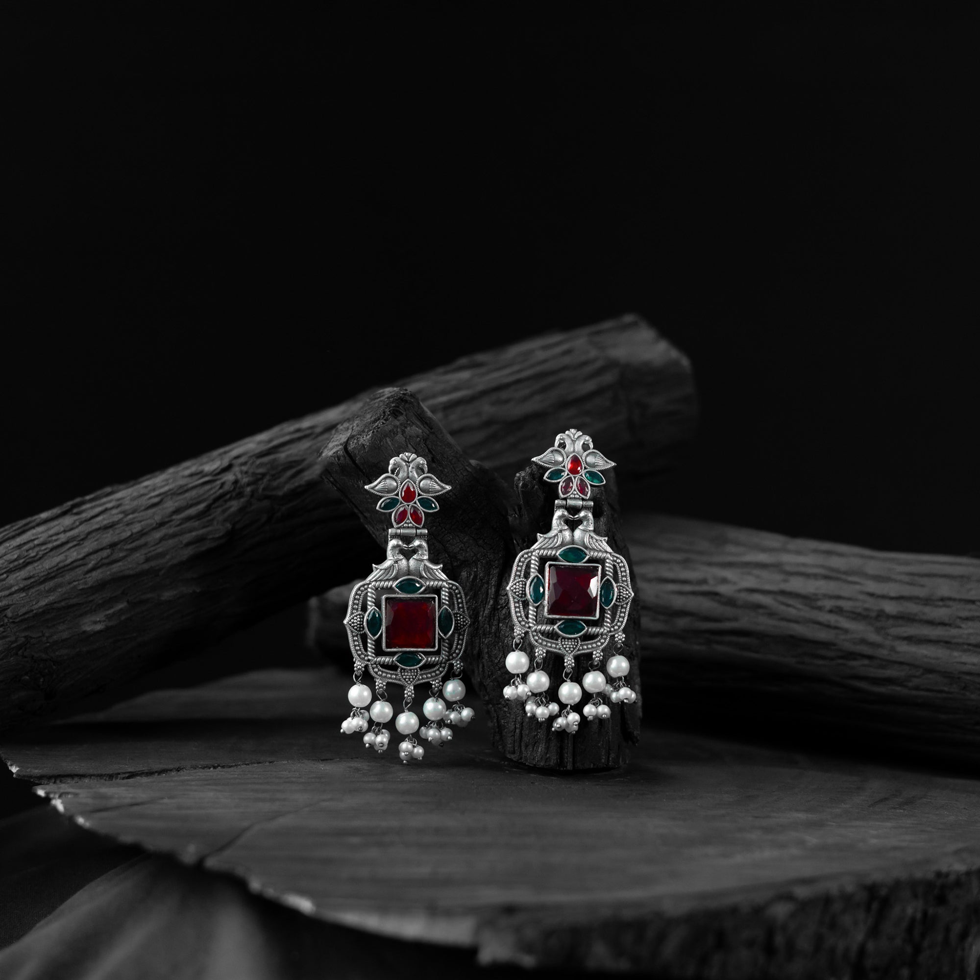 Saanjh Bela Green & Red Swan Oxidised Earrings