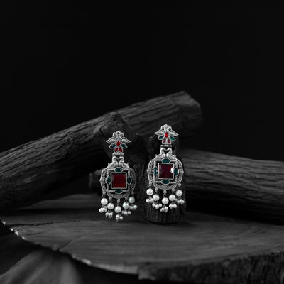 Saanjh Bela Green & Red Swan Oxidised Earrings