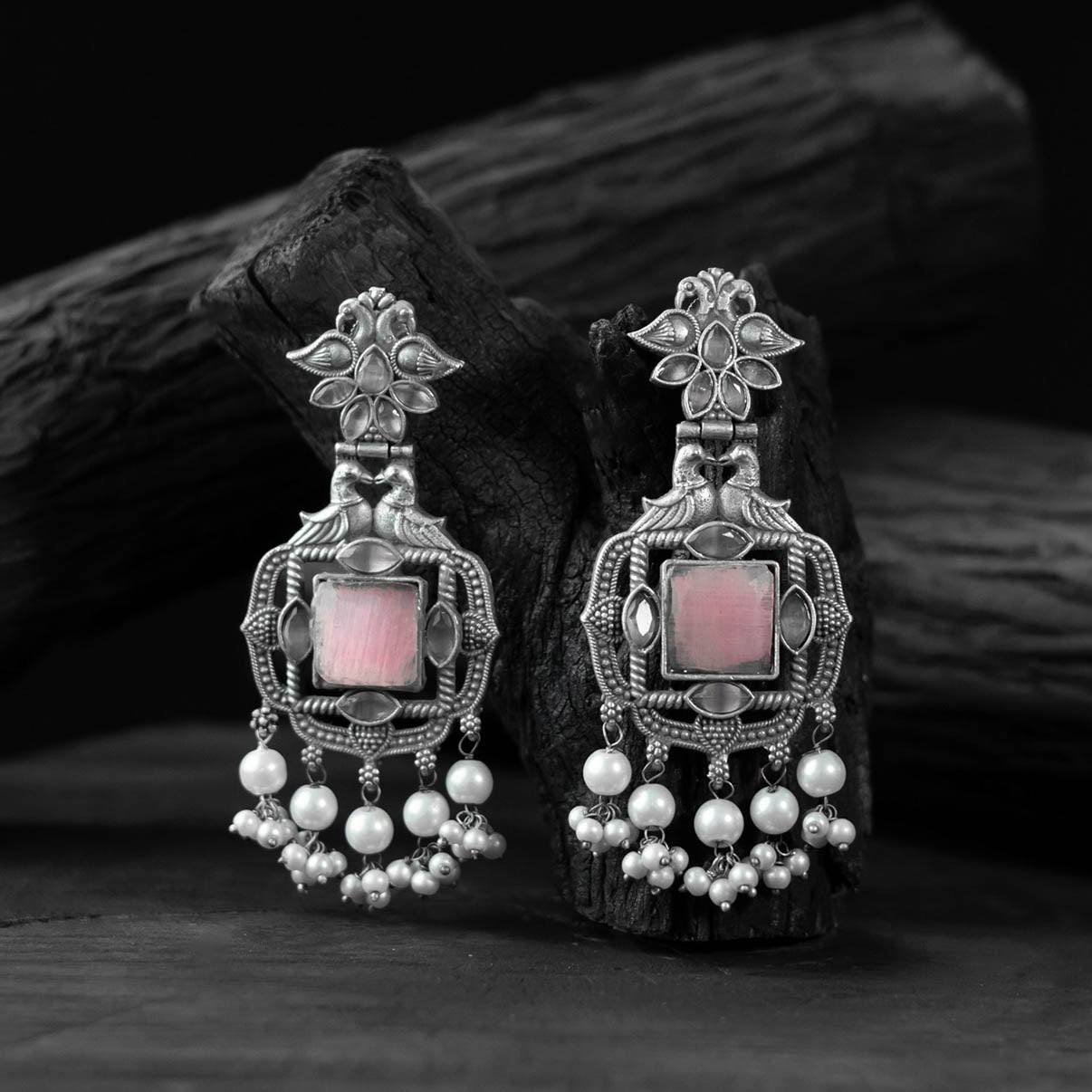 Saanjh Bela Pink Swan Oxidised Earrings