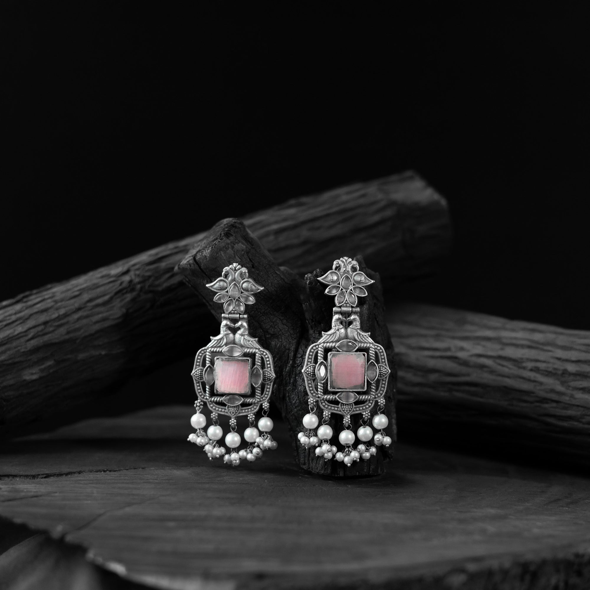 Saanjh Bela Pink Swan Oxidised Earrings