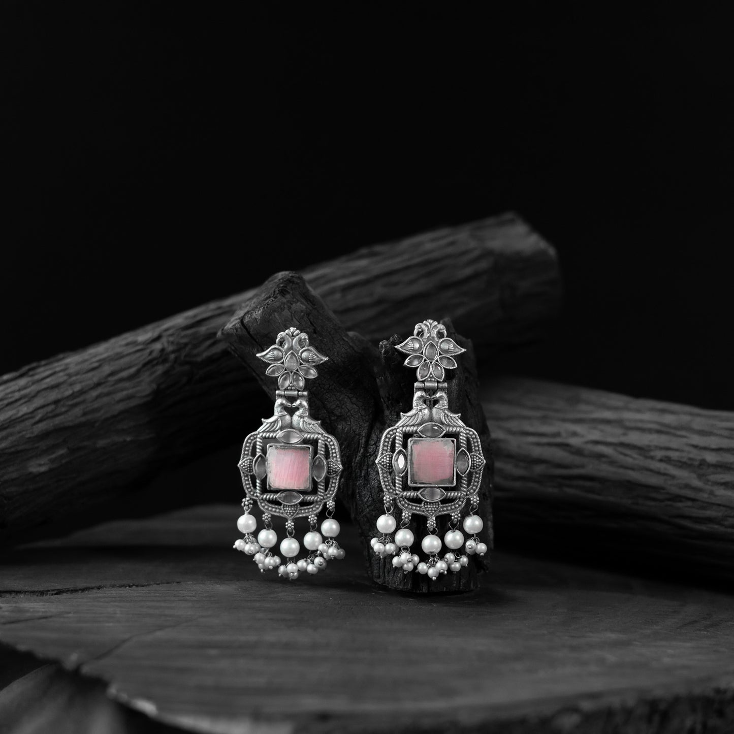 Saanjh Bela Pink Swan Oxidised Earrings
