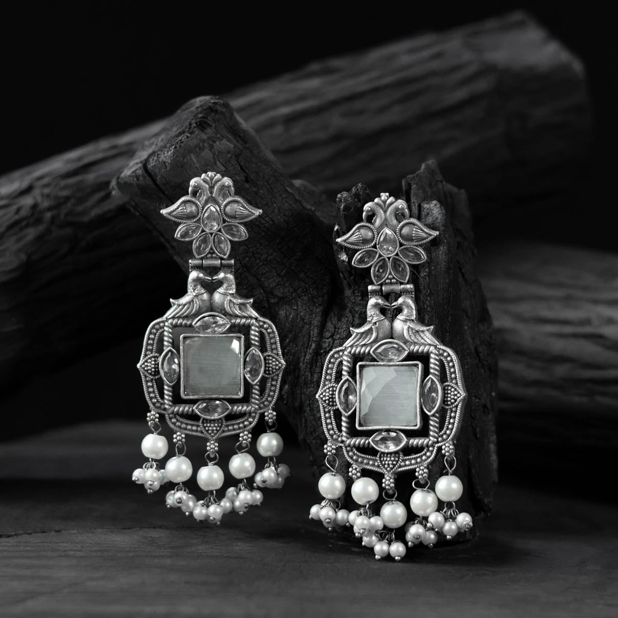 Saanjh Bela Light Grey Swan Oxidised Earrings
