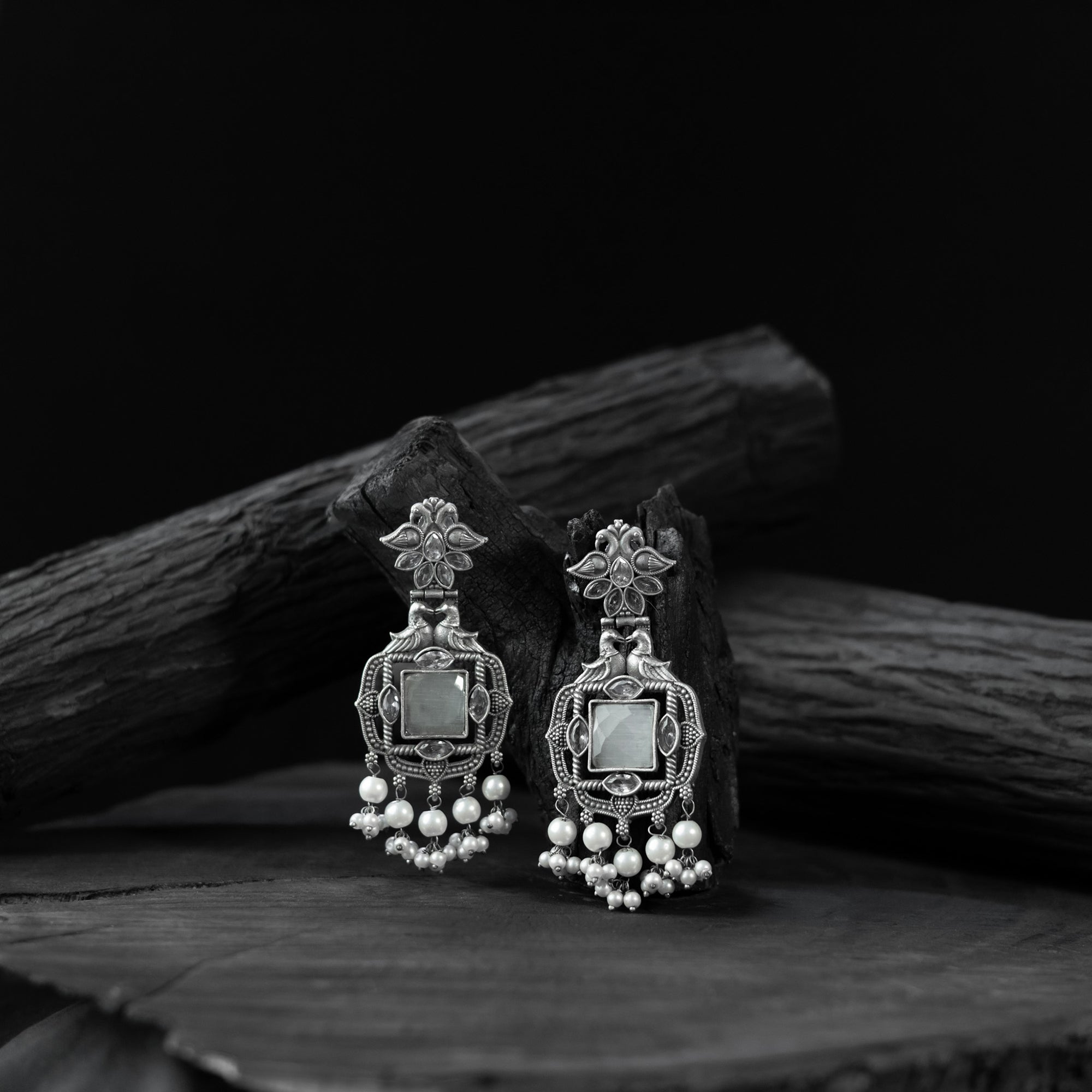 Saanjh Bela Light Grey Swan Oxidised Earrings