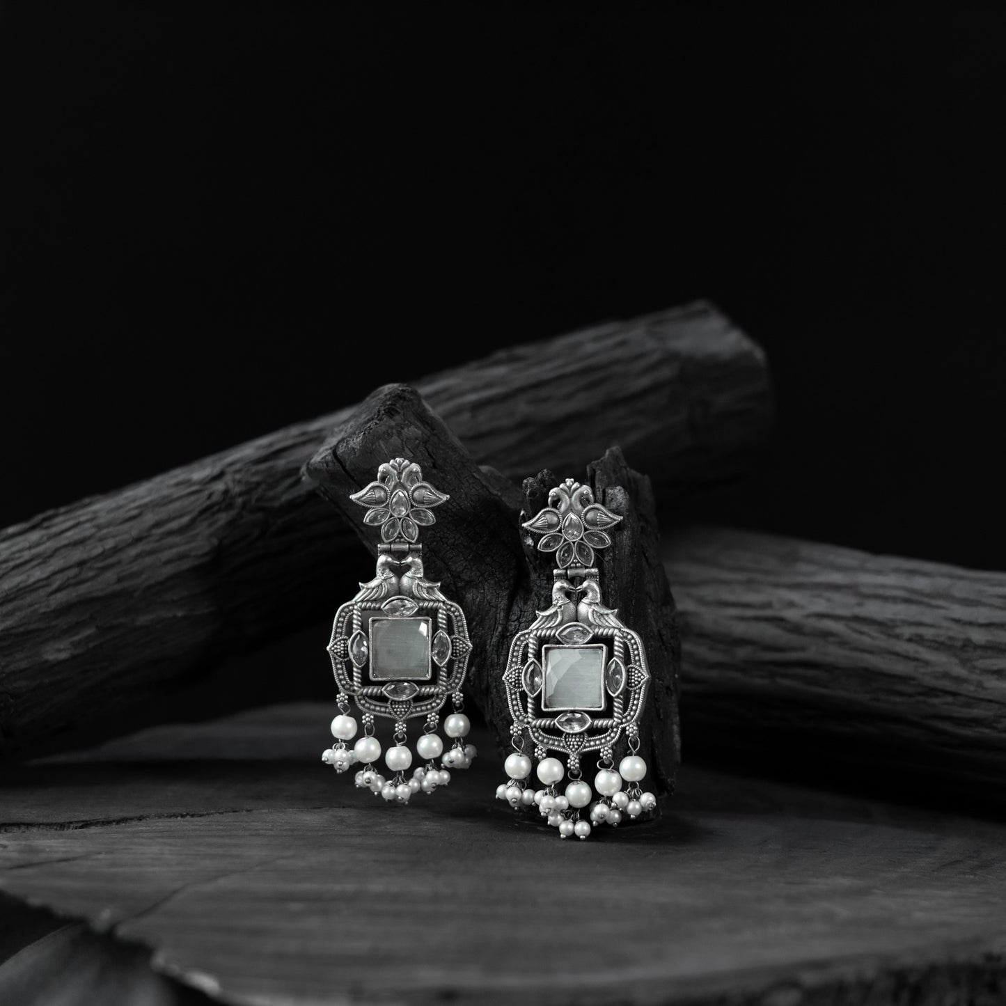 Saanjh Bela Light Grey Swan Oxidised Earrings