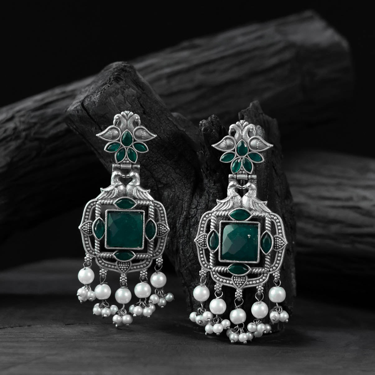 Saanjh Bela Green Swan Oxidised Earrings