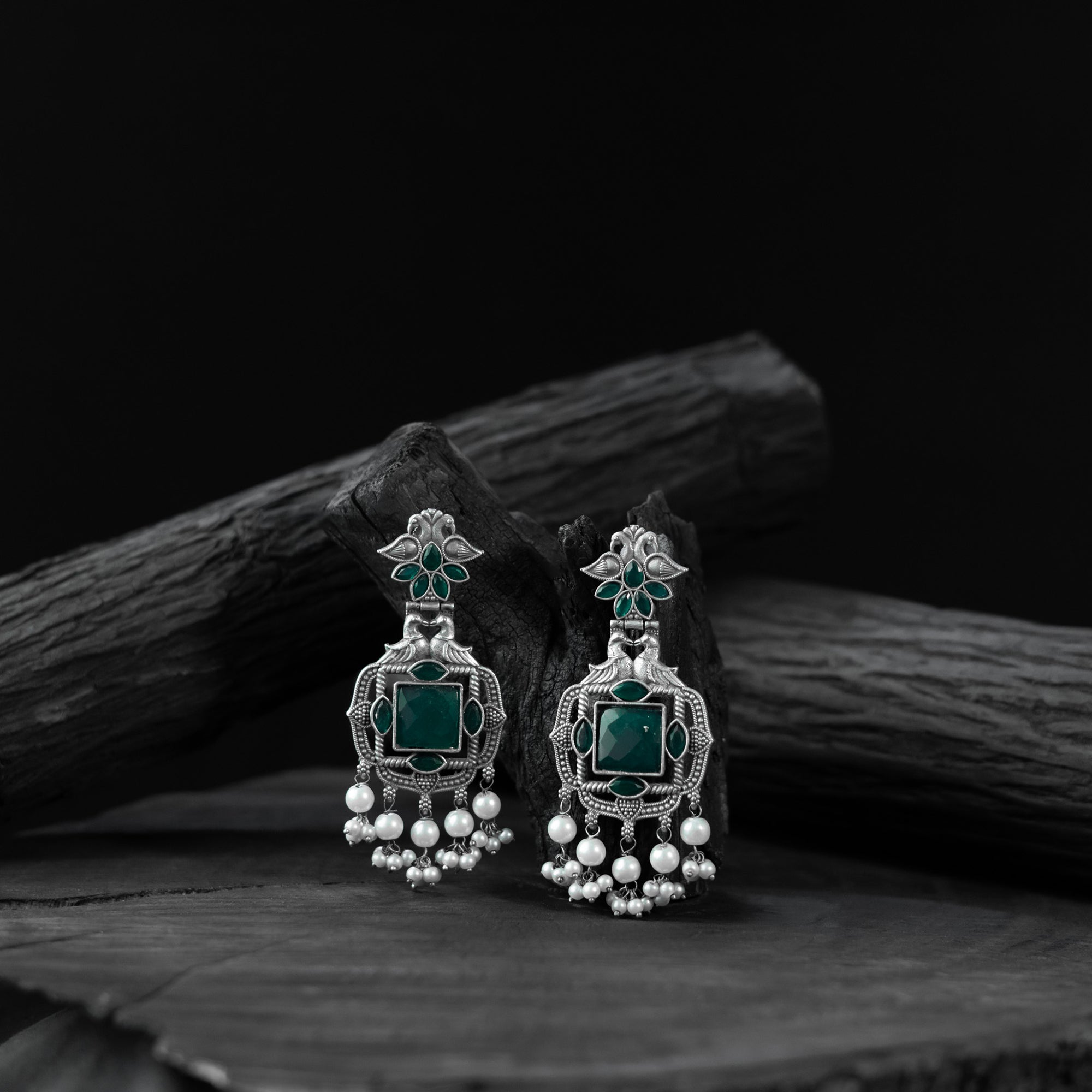 Saanjh Bela Green Swan Oxidised Earrings