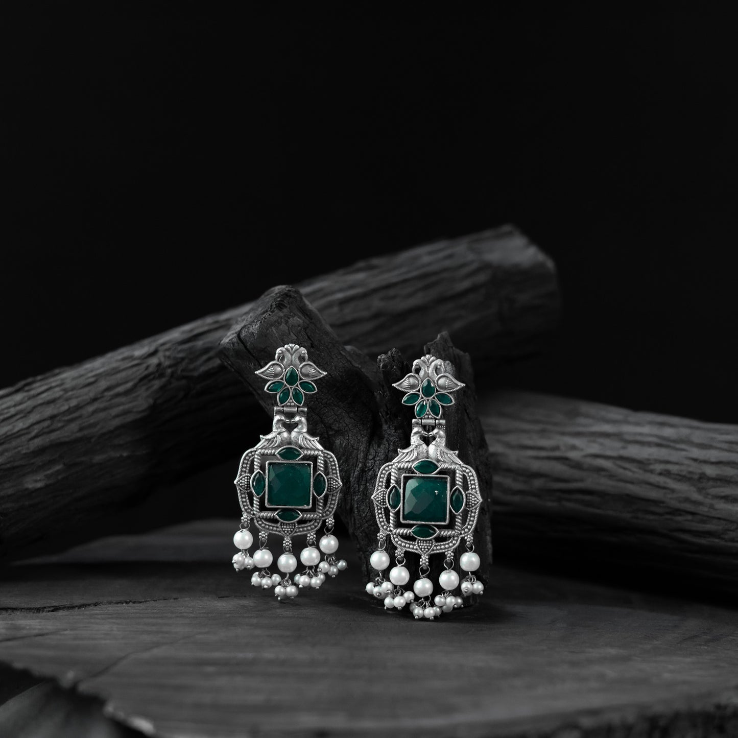 Saanjh Bela Green Swan Oxidised Earrings