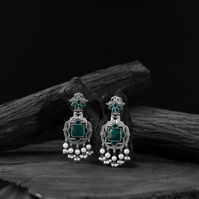 Saanjh Bela Green Swan Oxidised Earrings
