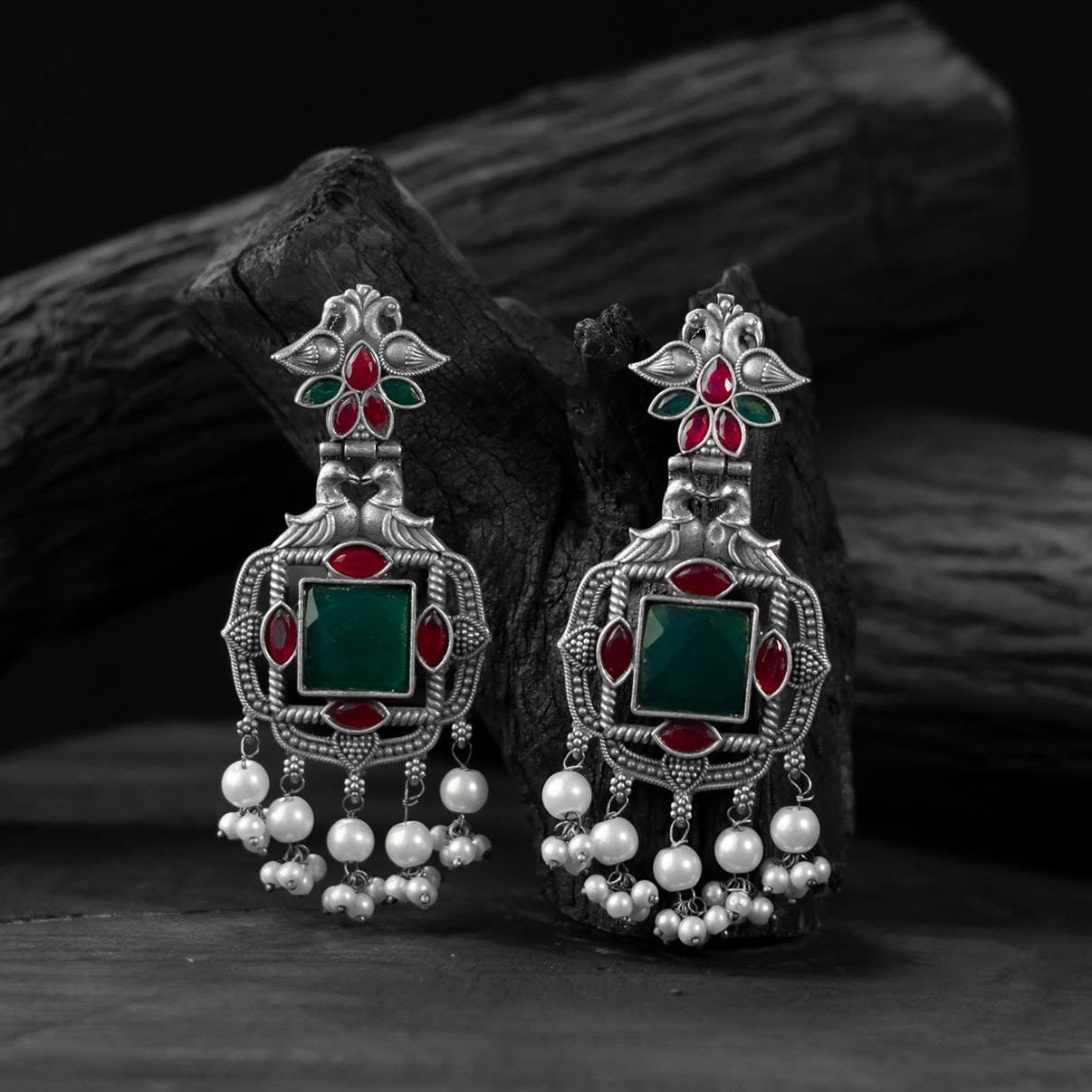 Saanjh Bela Green & Pink Swan Oxidised Earrings