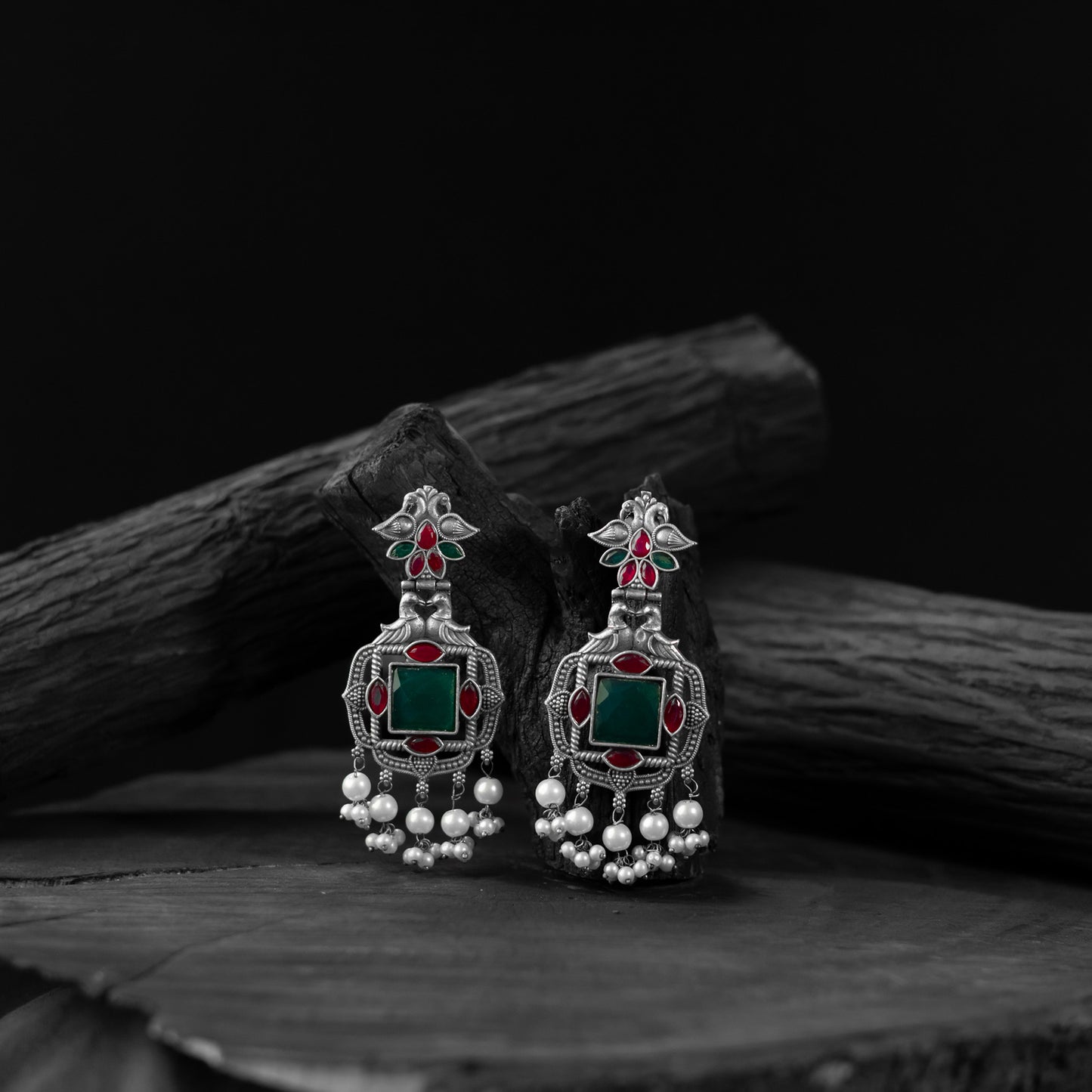 Saanjh Bela Green & Pink Swan Oxidised Earrings