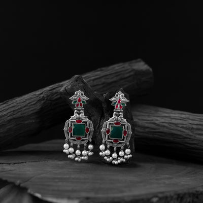 Saanjh Bela Green & Pink Swan Oxidised Earrings
