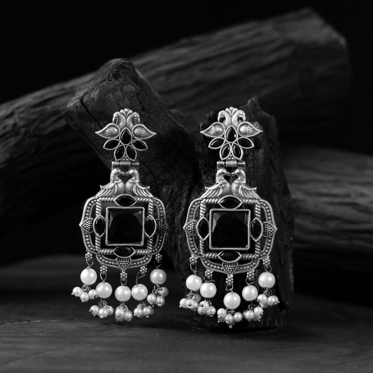Saanjh Bela Black Swan Oxidised Earrings