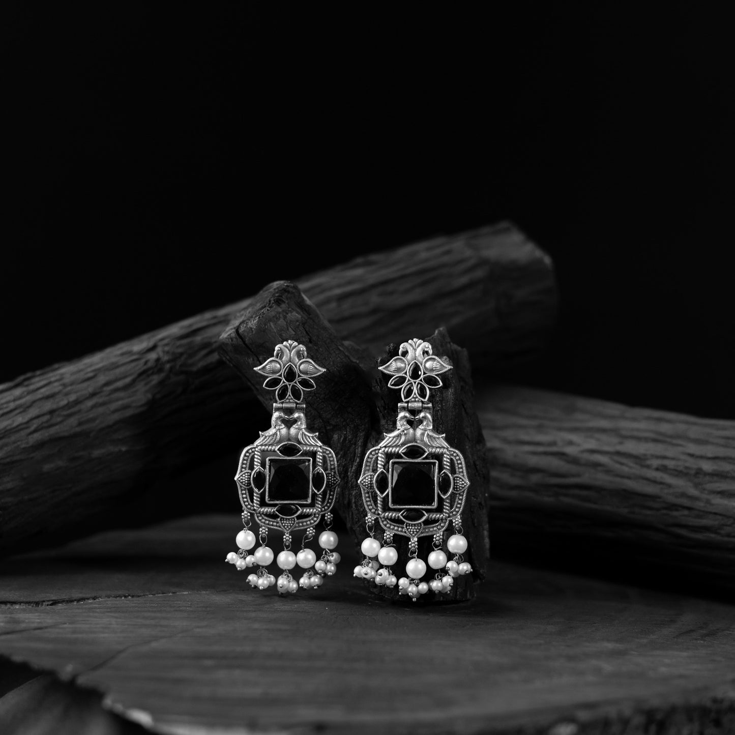 Saanjh Bela Black Swan Oxidised Earrings