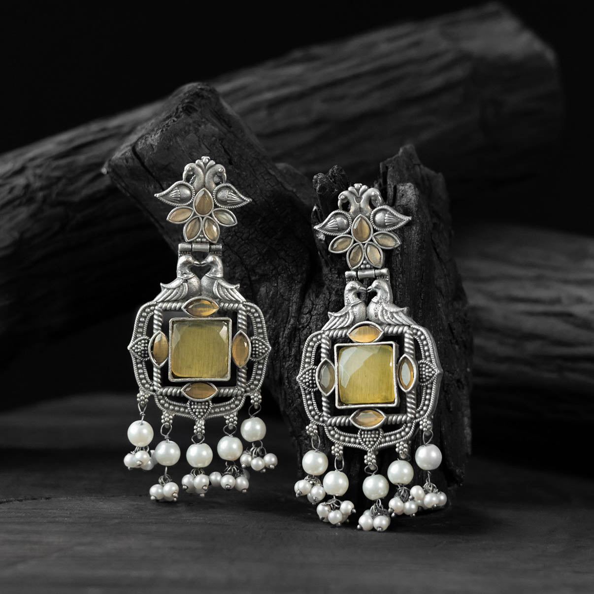 Saanjh Bela Yellow Swan Oxidised Earrings