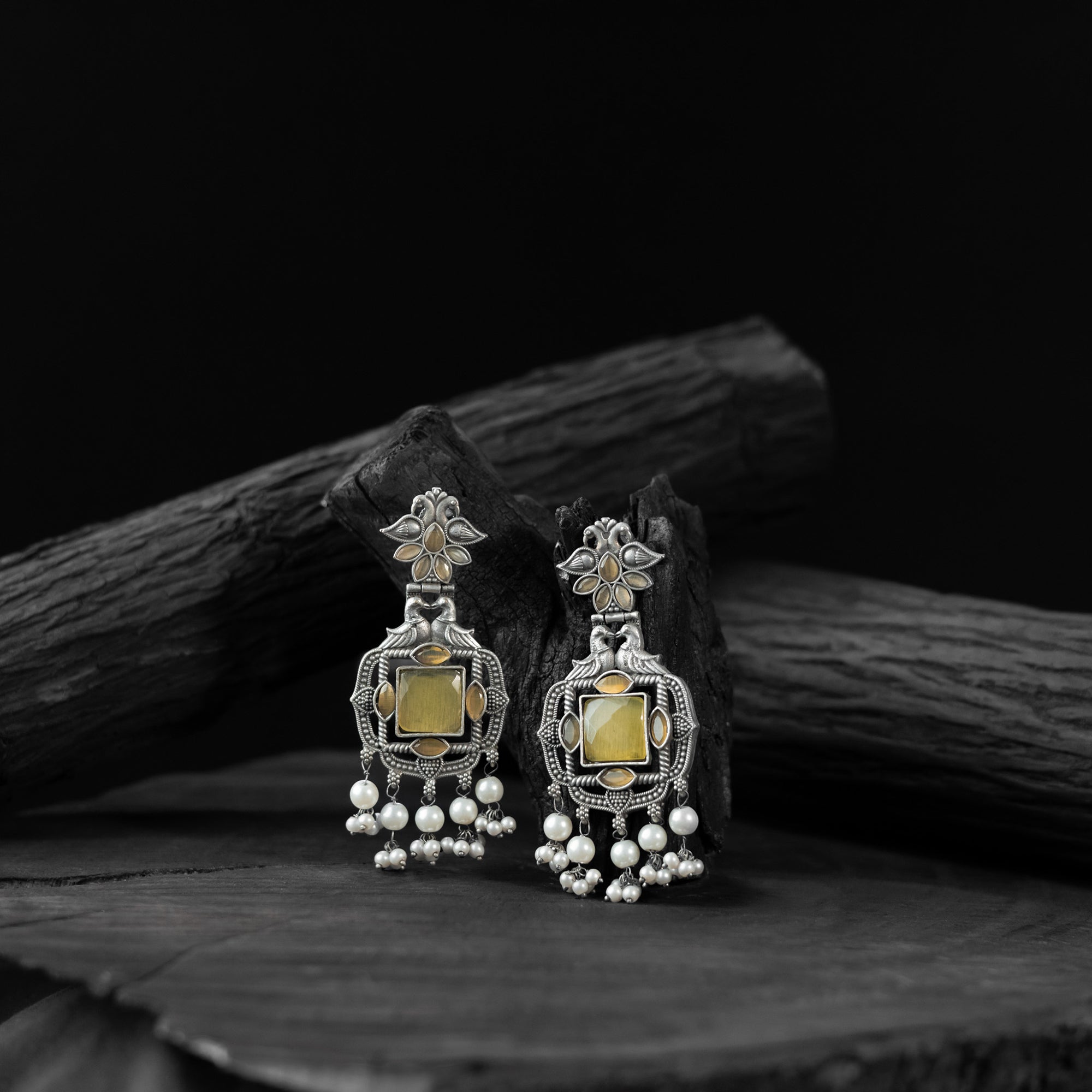 Saanjh Bela Yellow Swan Oxidised Earrings