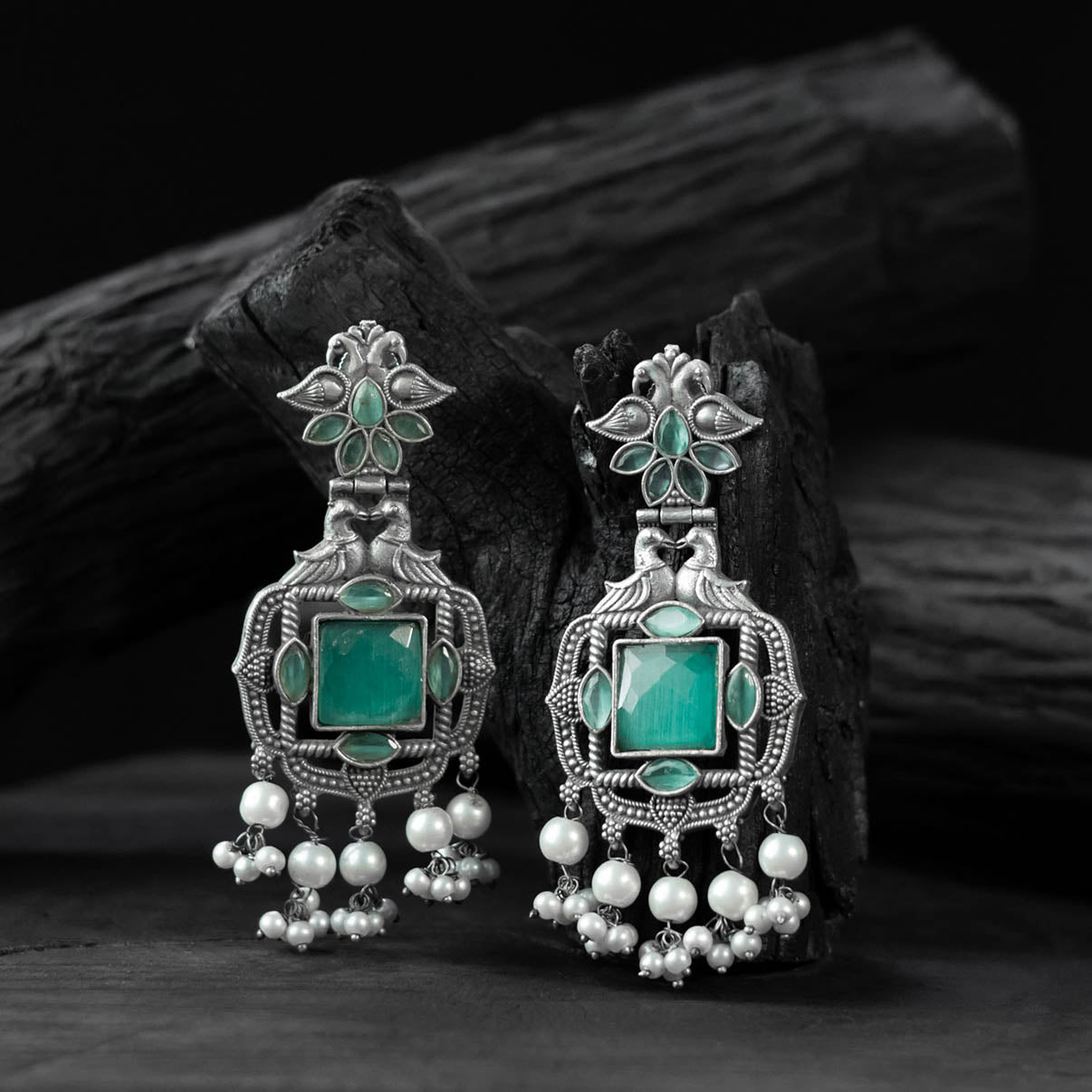 Saanjh Bela Mint Green Swan Oxidised Earrings