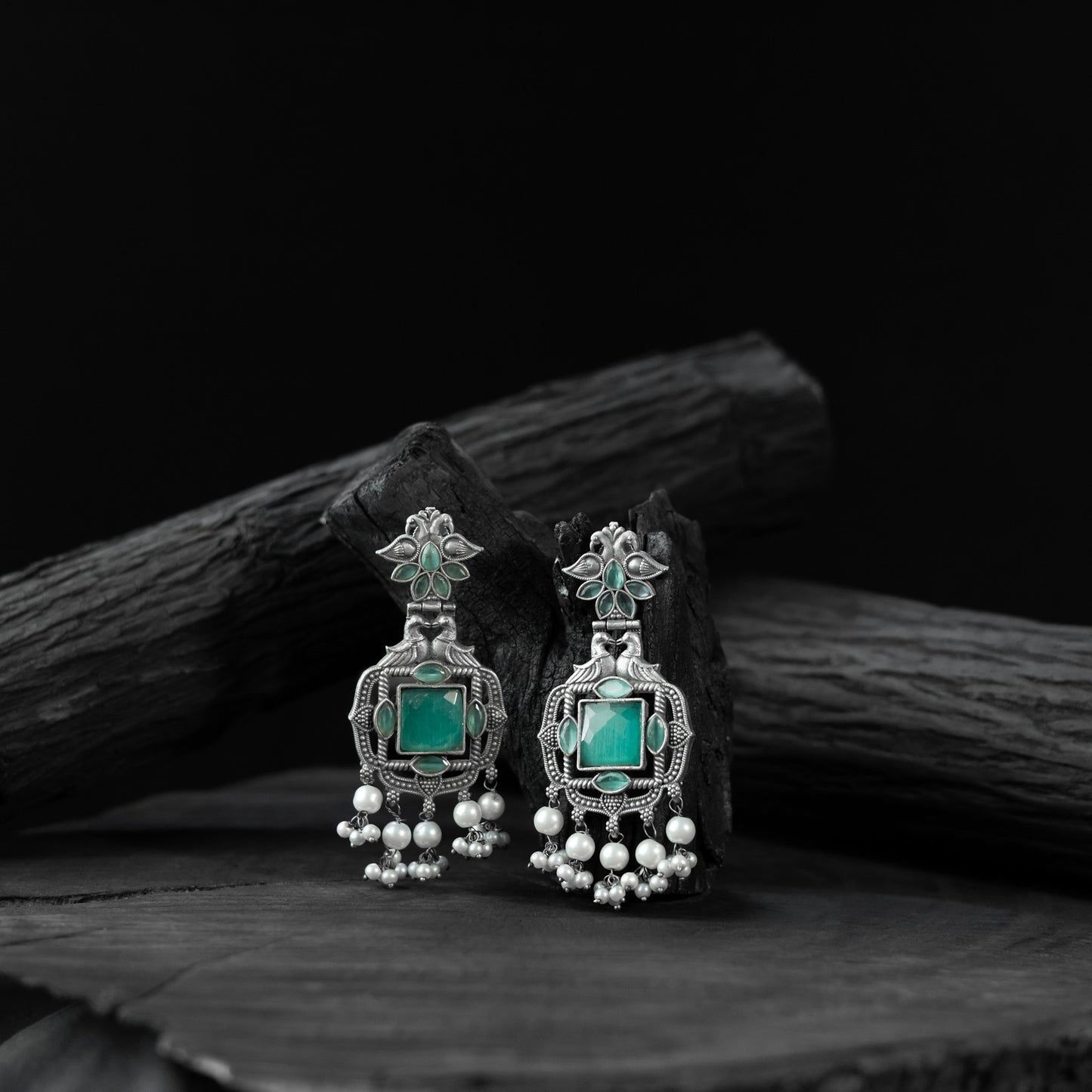 Saanjh Bela Mint Green Swan Oxidised Earrings