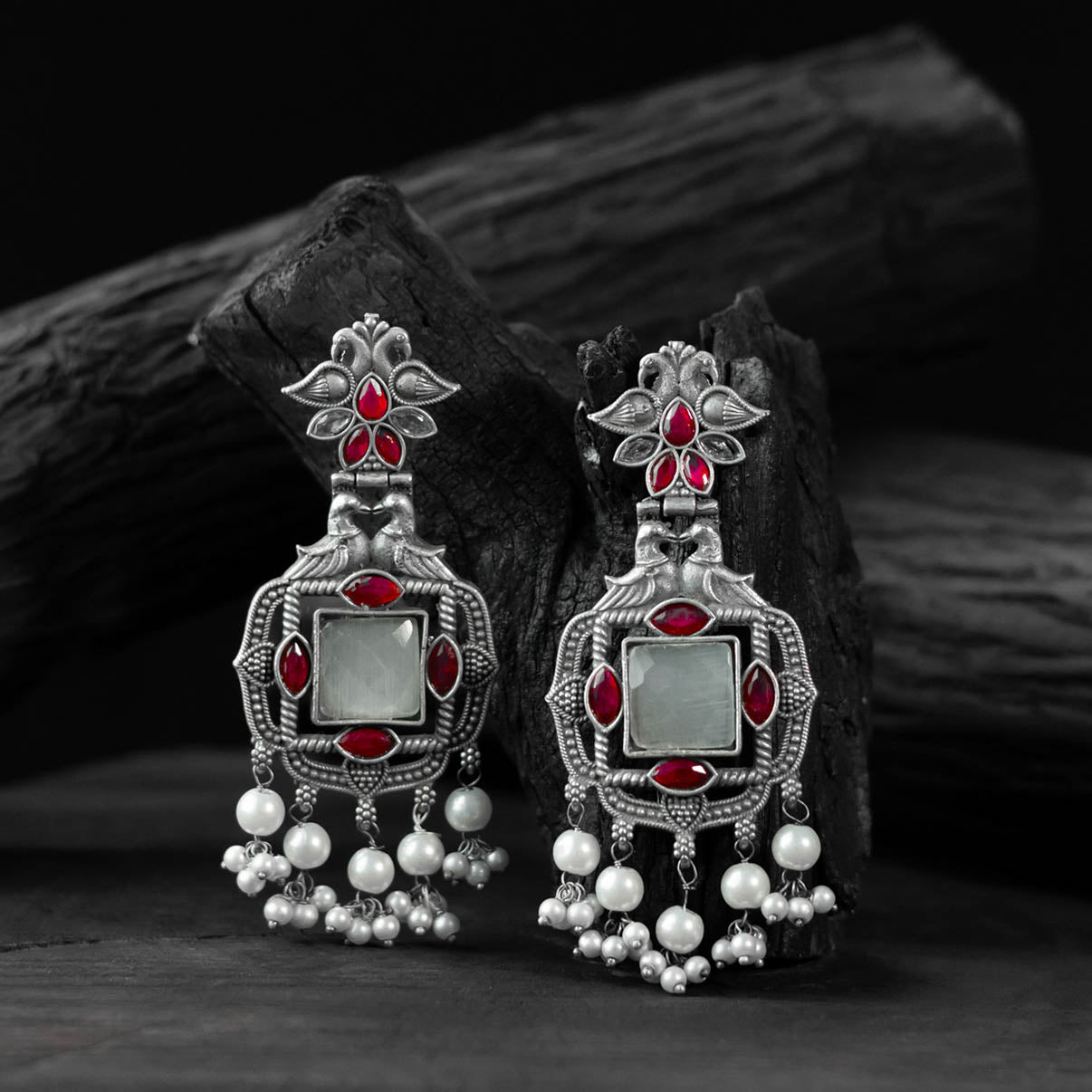Saanjh Bela Ruby & Grey Swan Oxidised Earrings