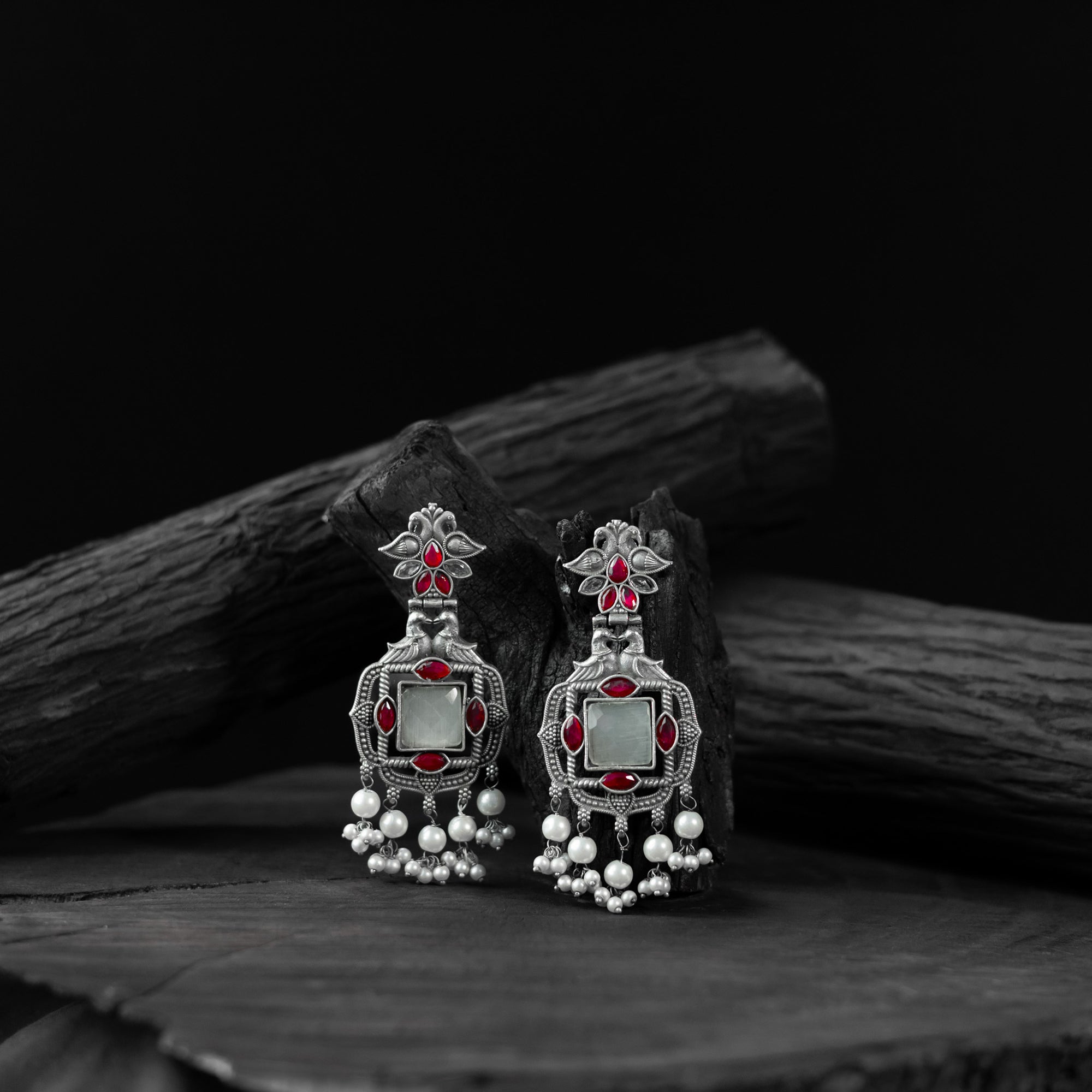 Saanjh Bela Ruby & Grey Swan Oxidised Earrings