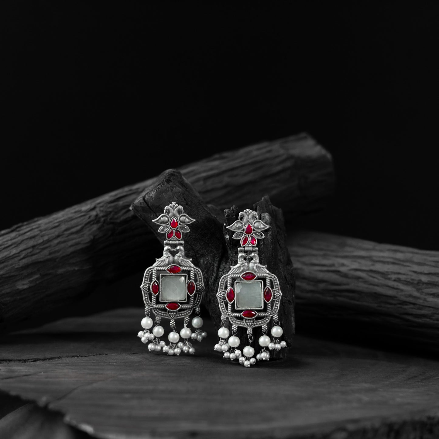 Saanjh Bela Ruby & Grey Swan Oxidised Earrings