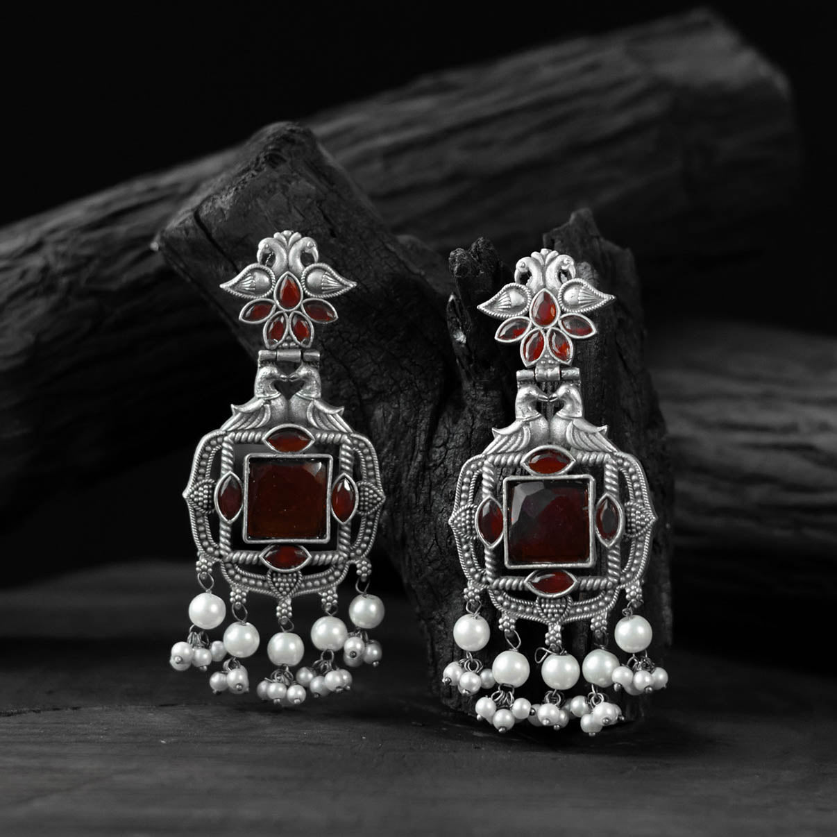 Saanjh Bela Red Swan Oxidised Earrings