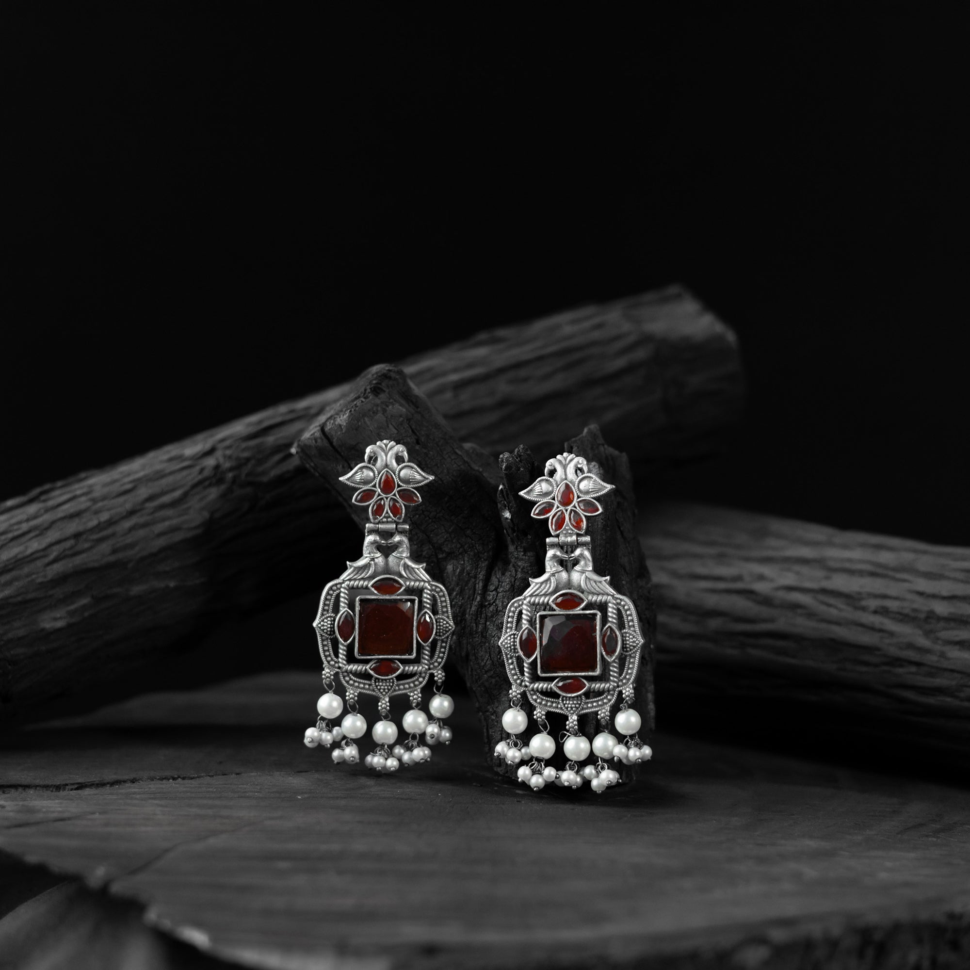 Saanjh Bela Red Swan Oxidised Earrings
