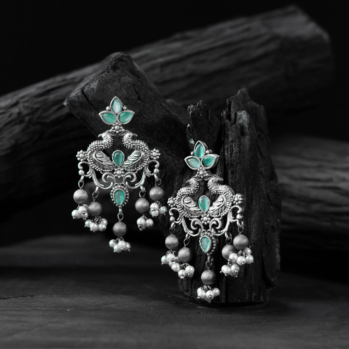 Saanjh Bela Mayura Mint Green Oxidised Earrings