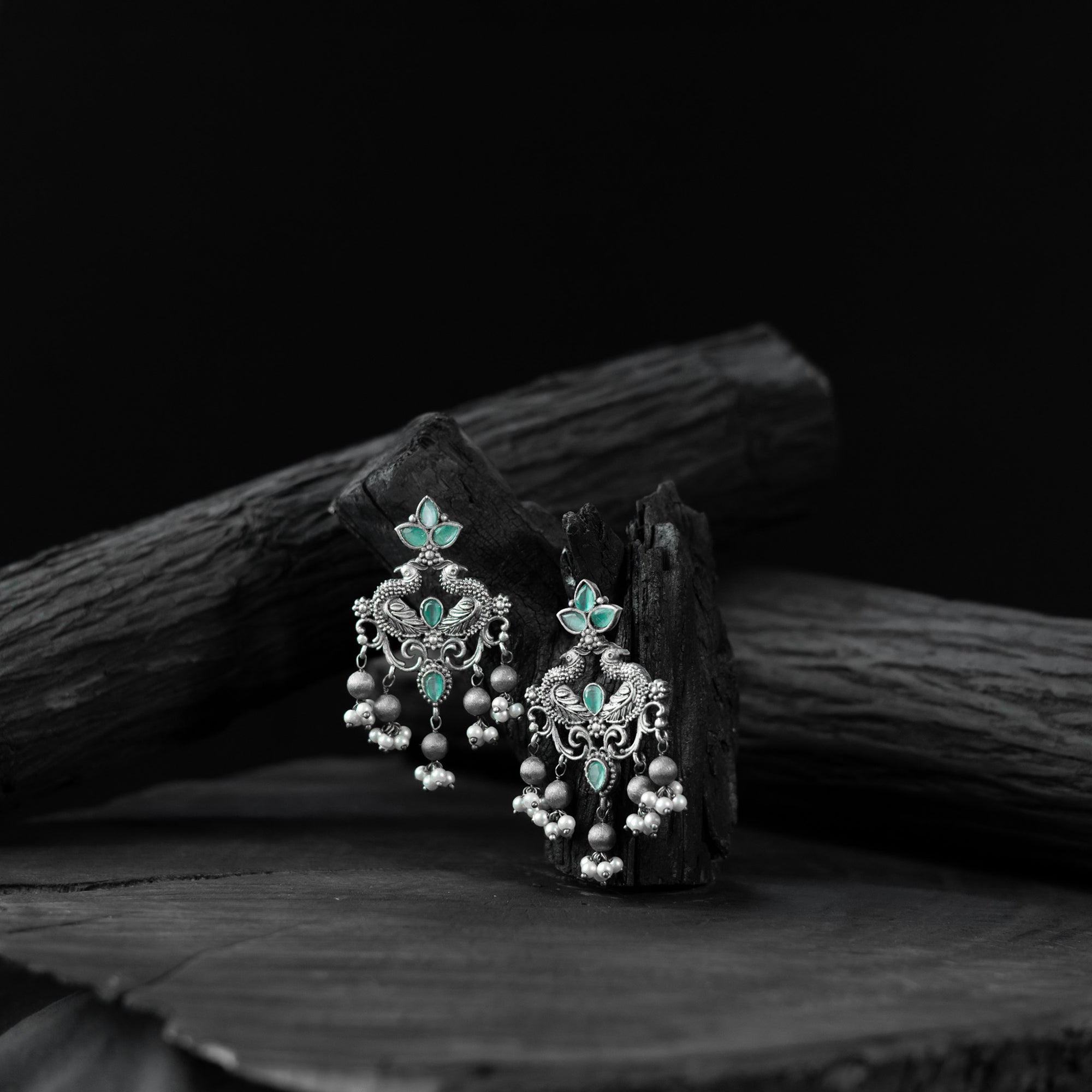 Saanjh Bela Mayura Mint Green Oxidised Earrings