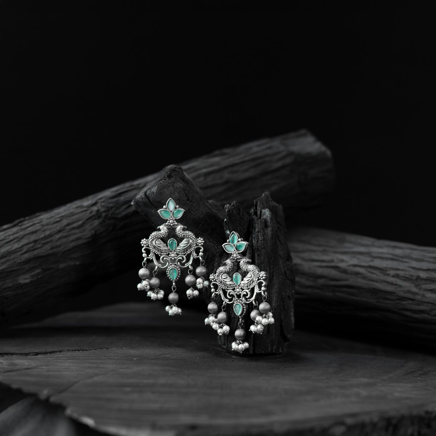 Saanjh Bela Mayura Mint Green Oxidised Earrings