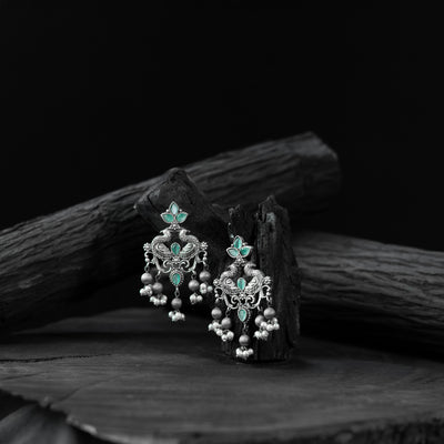 Saanjh Bela Mayura Mint Green Oxidised Earrings
