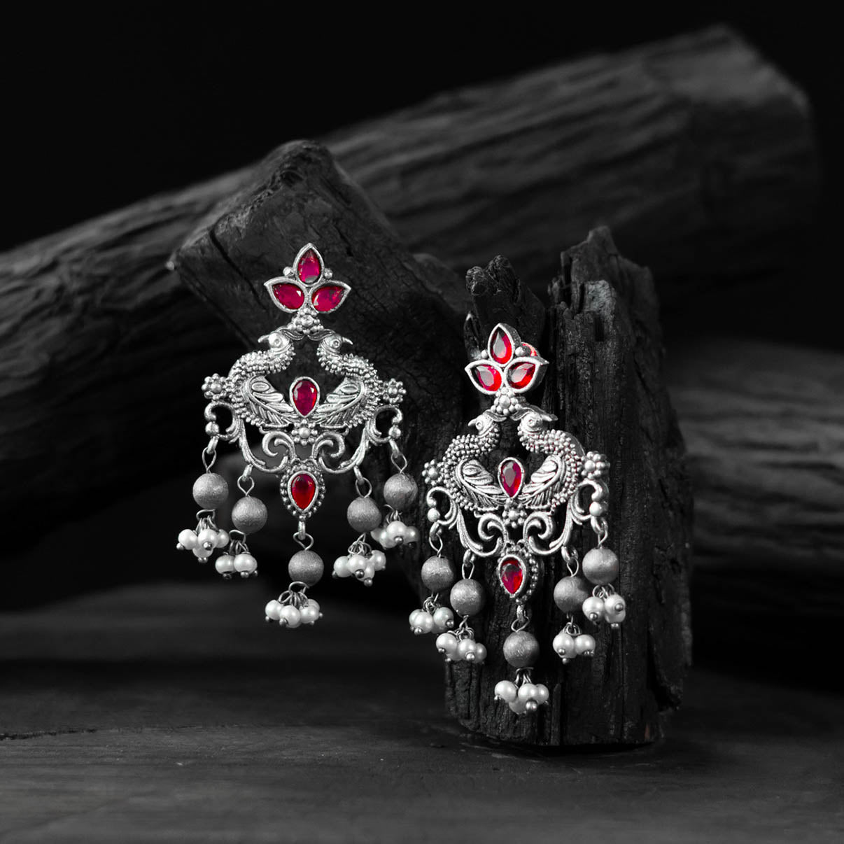 Saanjh Bela Mayura Ruby Oxidised Earrings