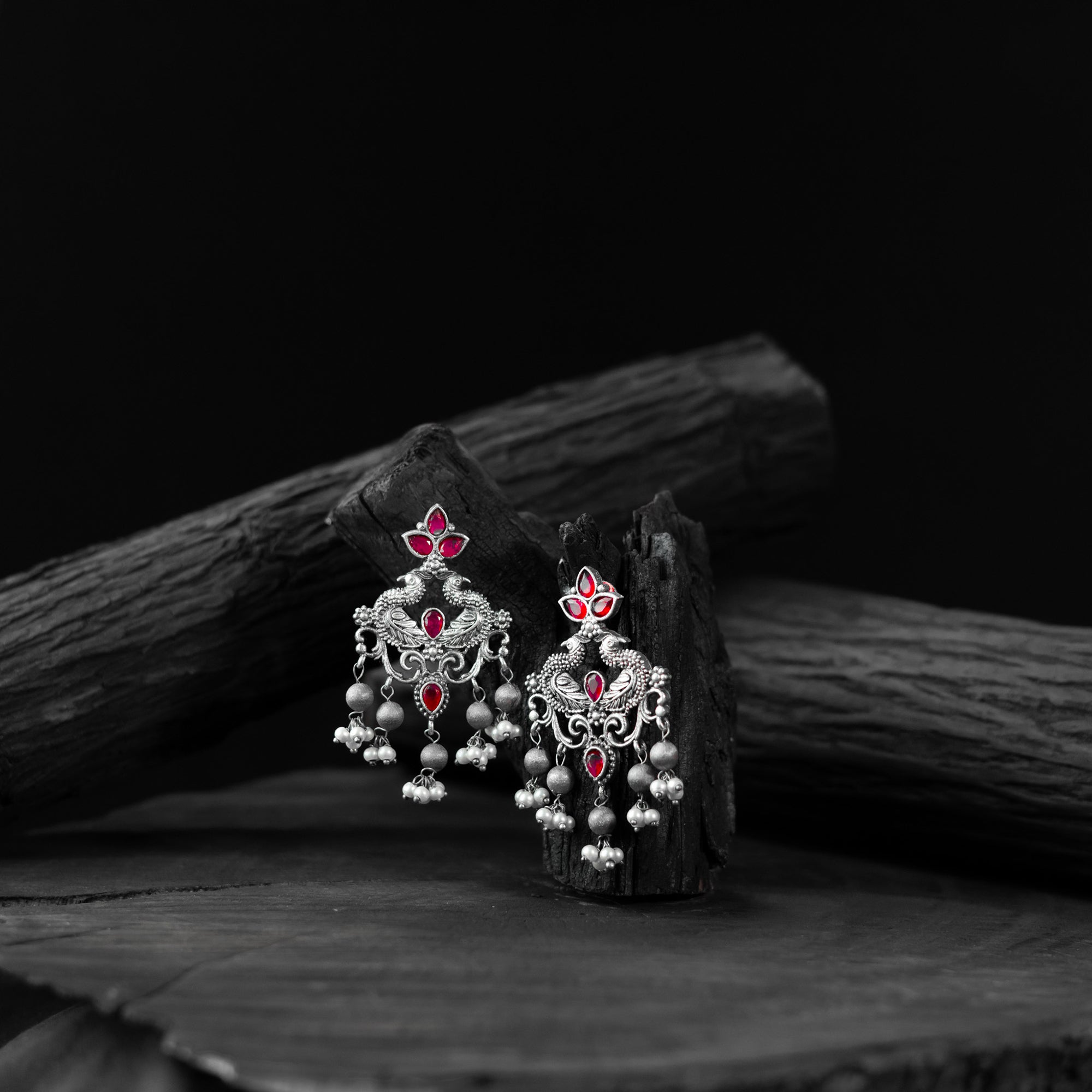 Saanjh Bela Mayura Ruby Oxidised Earrings