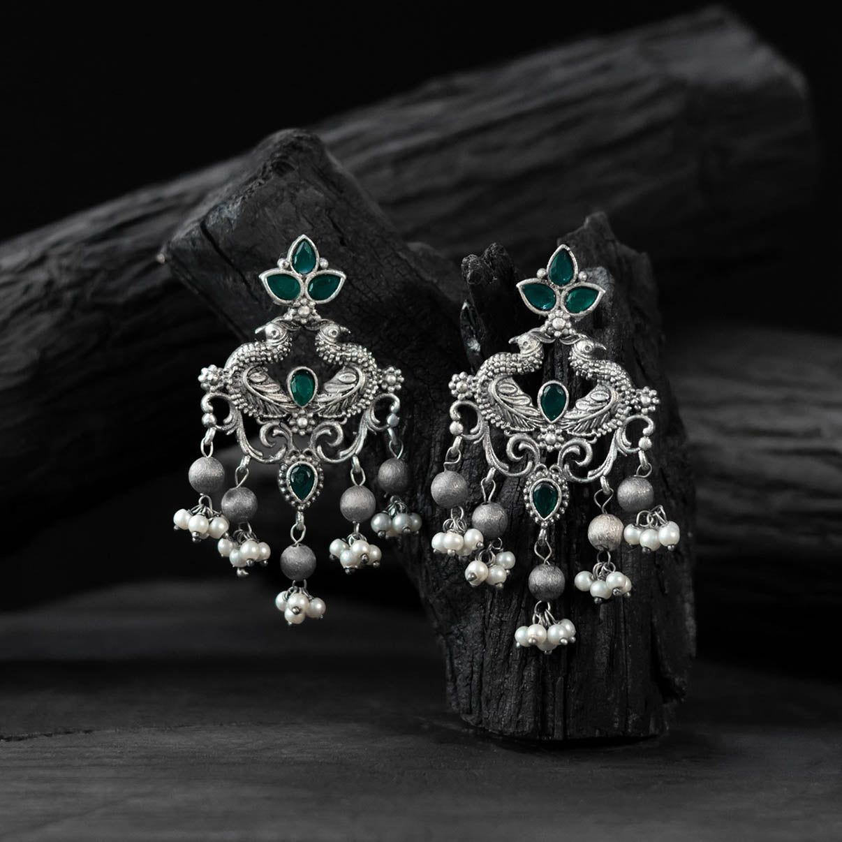 Saanjh Bela Mayura Green Oxidised Earrings