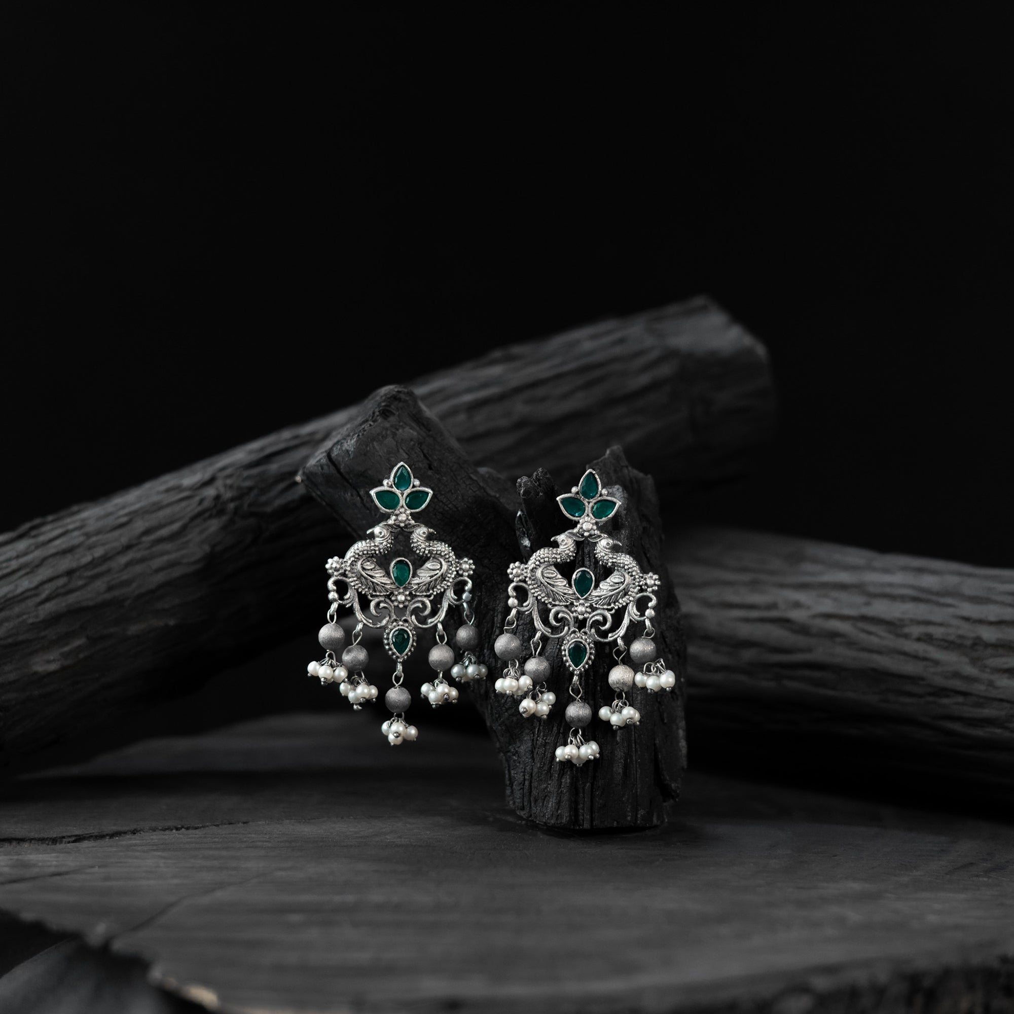 Saanjh Bela Mayura Green Oxidised Earrings