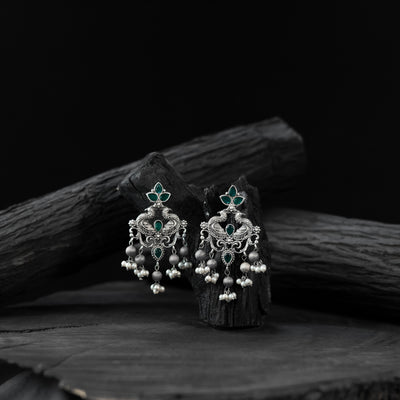 Saanjh Bela Mayura Green Oxidised Earrings