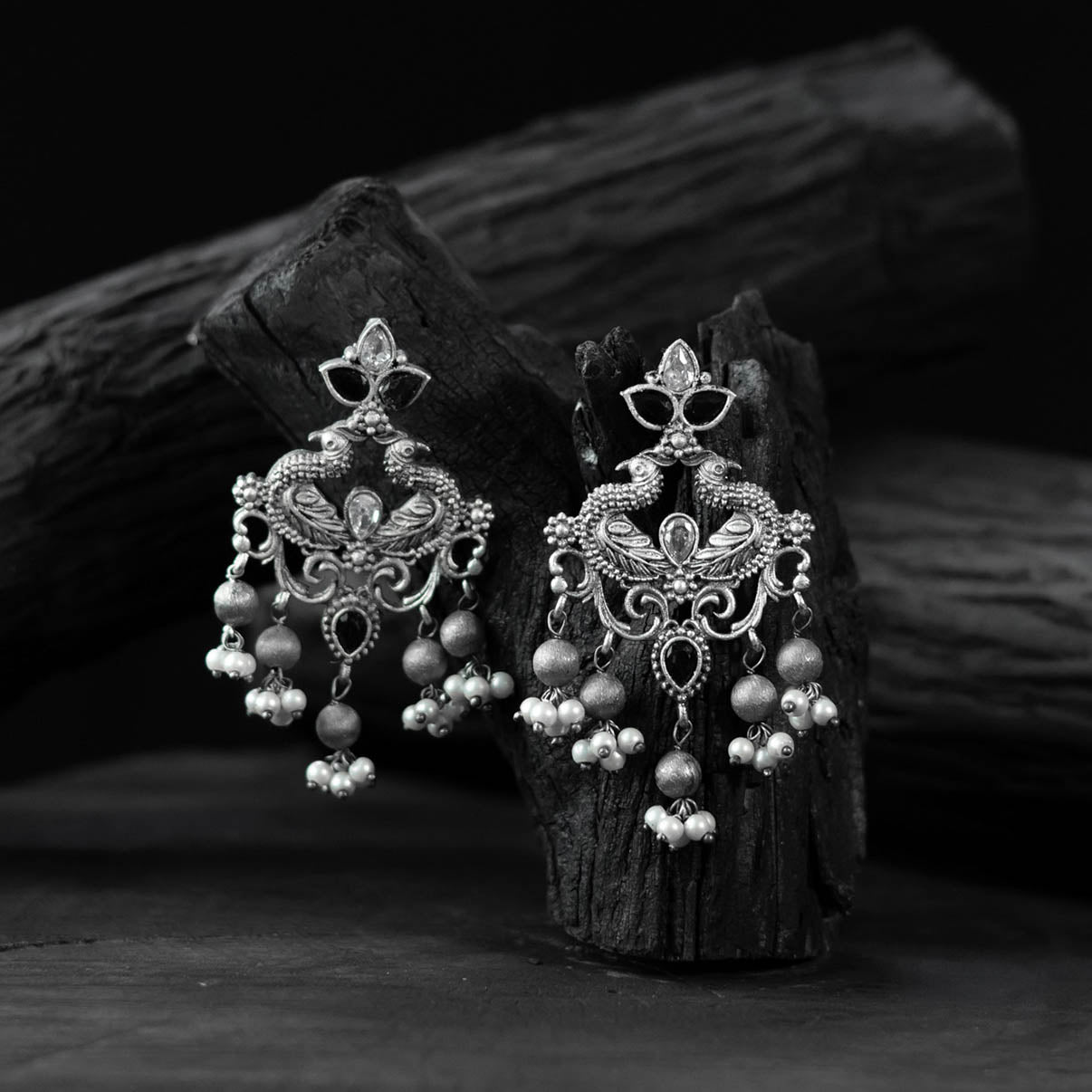 Saanjh Bela Mayura Black Oxidised Earrings