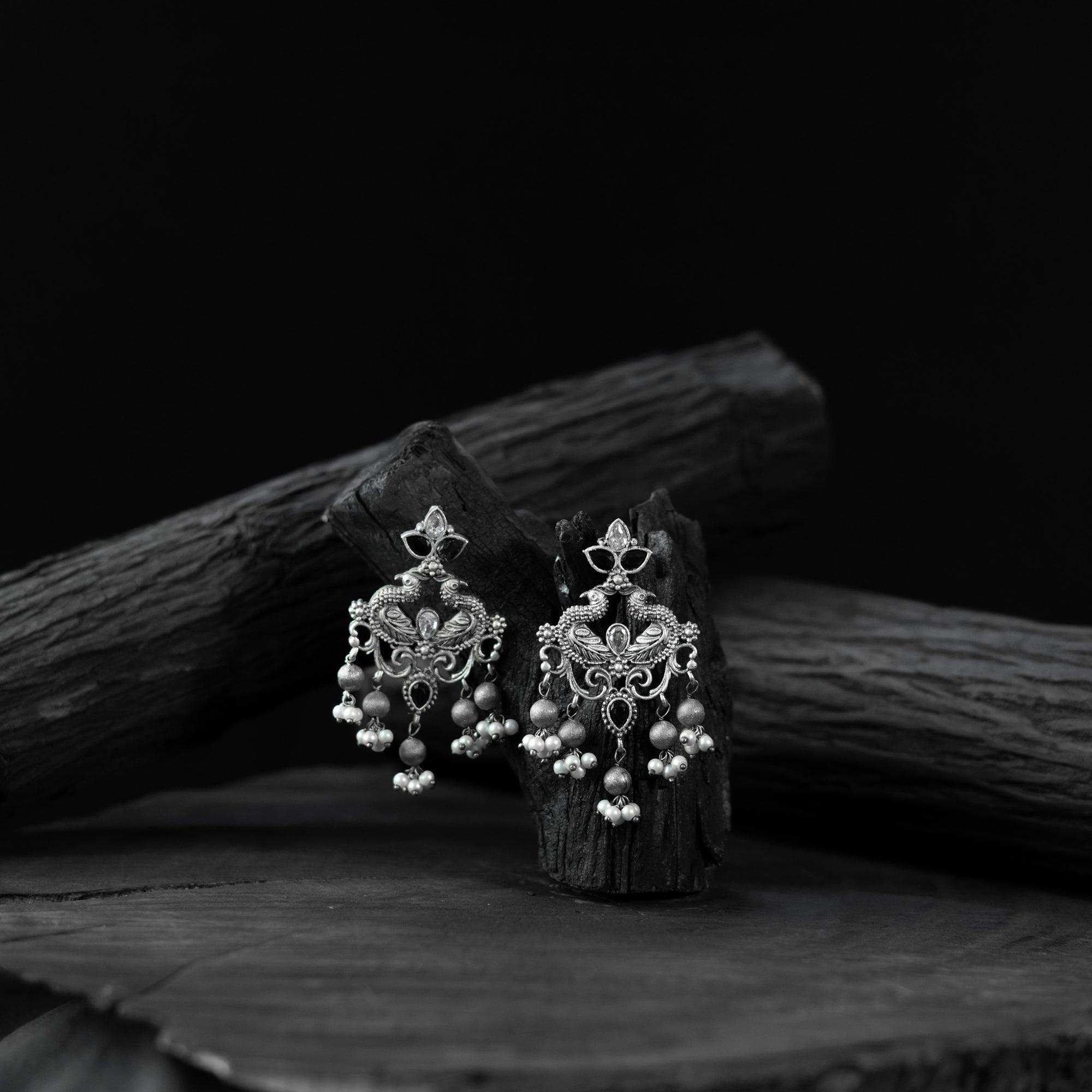 Saanjh Bela Mayura Black Oxidised Earrings