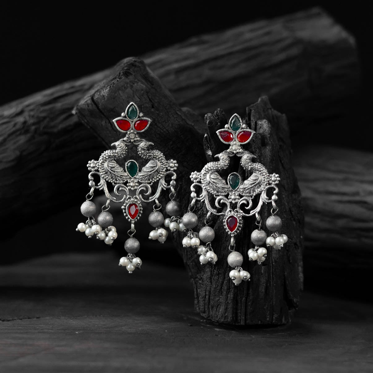 Saanjh Bela Mayura Red & Green Oxidised Earrings