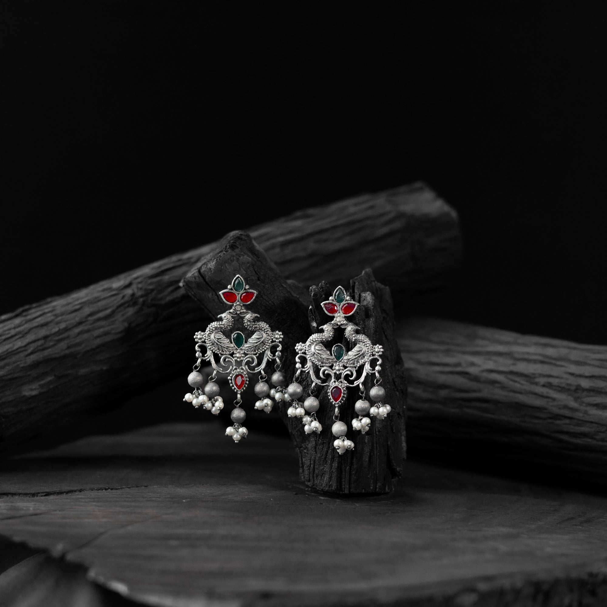Saanjh Bela Mayura Red & Green Oxidised Earrings