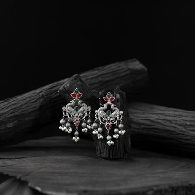 Saanjh Bela Mayura Red & Green Oxidised Earrings